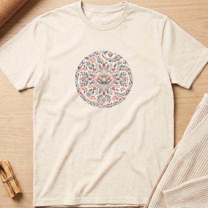 An off-white short-sleeve t-shirt with a colorful mandala graphic on the chest, laid flat on a light wood background with styled props. Minimalist yoga apparel by pemuyo.
