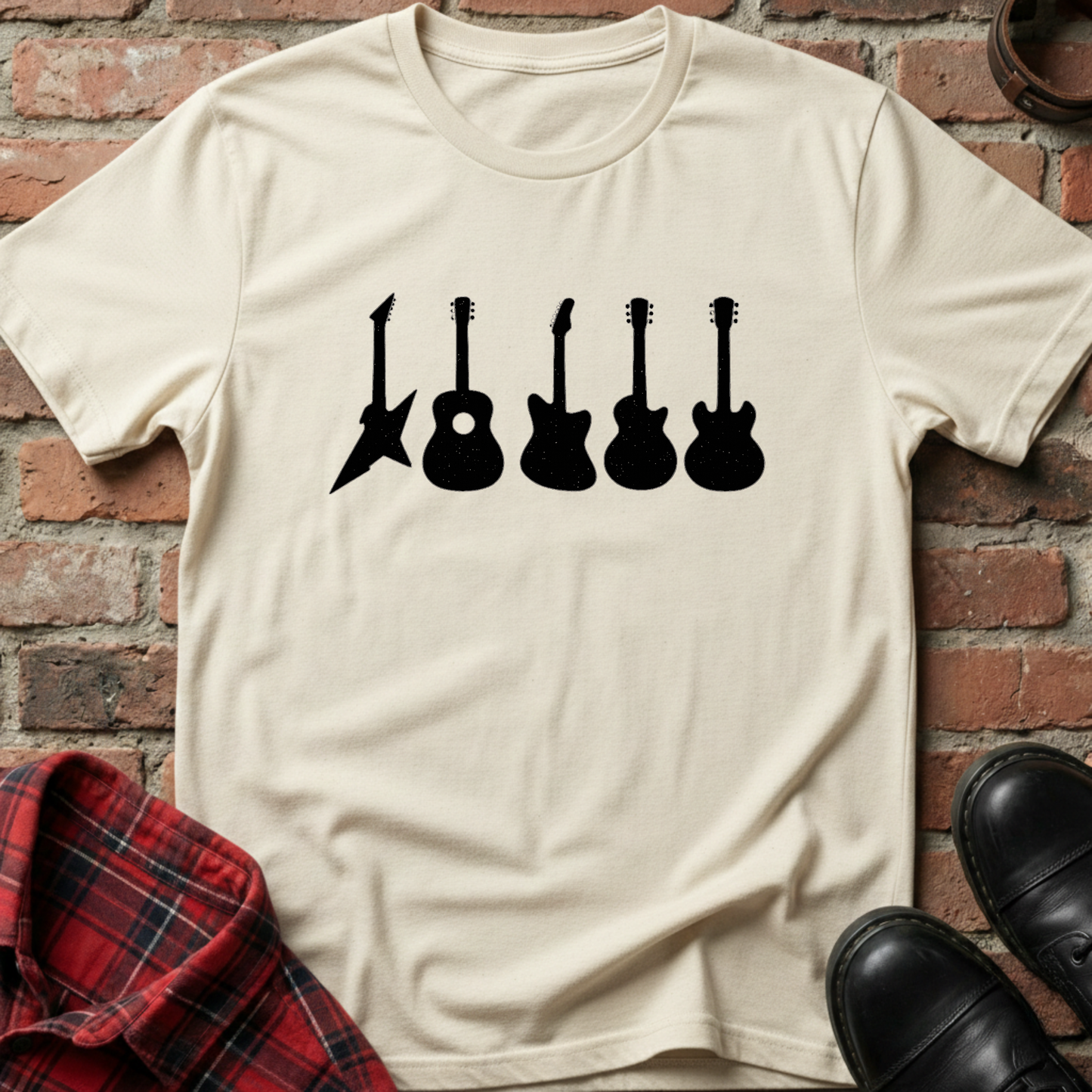 Beige t-shirt with black guitar silhouettes on a brick wall background. Minimalist music apparel by pemuyo.