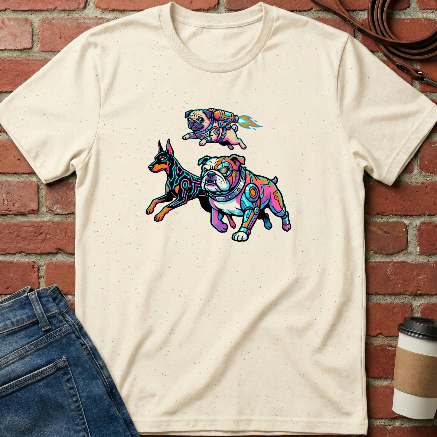 Beige t-shirt with colorful dog illustrations on a brick wall background. Minimalist dog apparel by pemuyo.