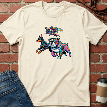 Beige t-shirt with colorful dog illustrations on a brick wall background. Minimalist dog apparel by pemuyo.