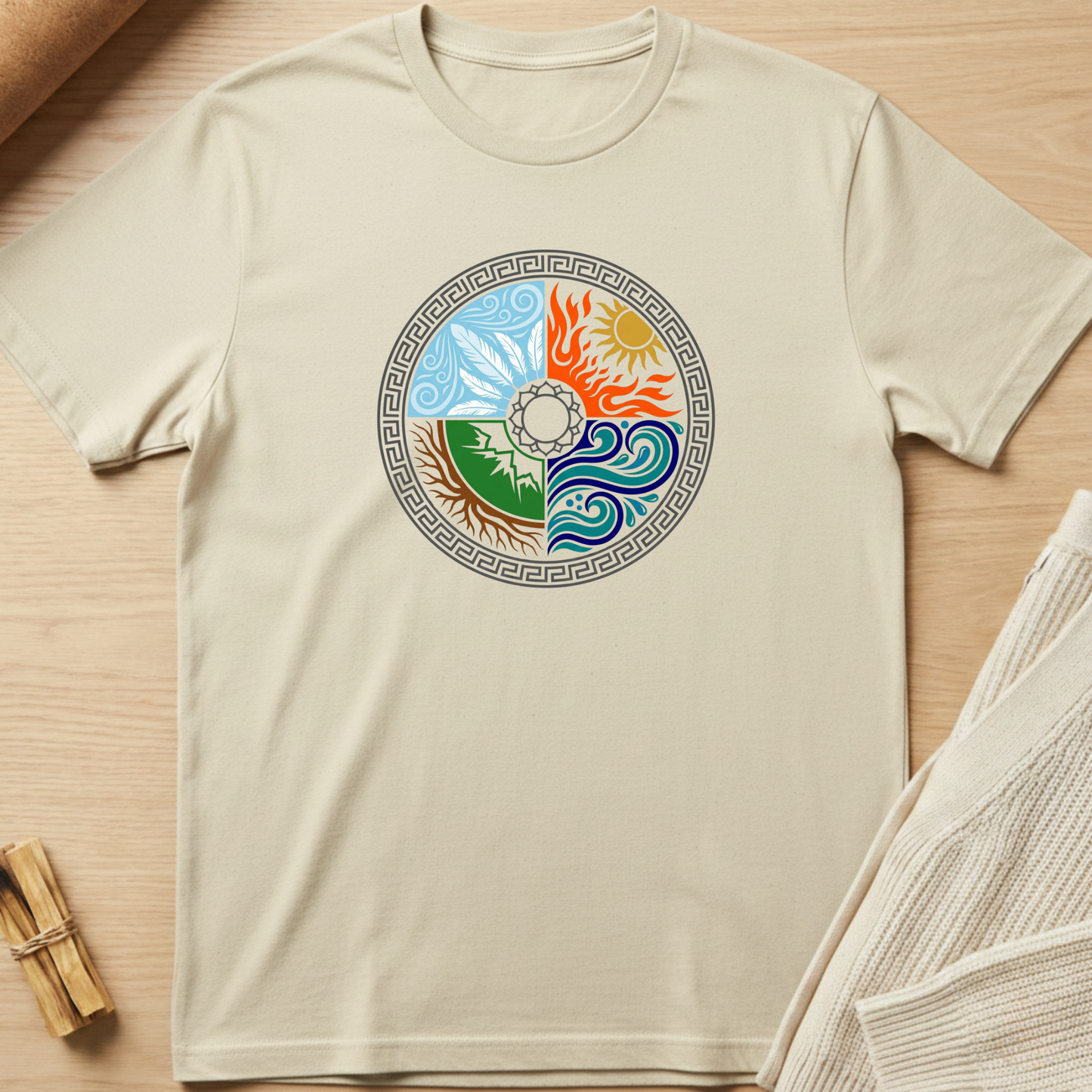 Beige t-shirt with a colorful circular design on a wooden surface. Minimalist yoga apparel by pemuyo.