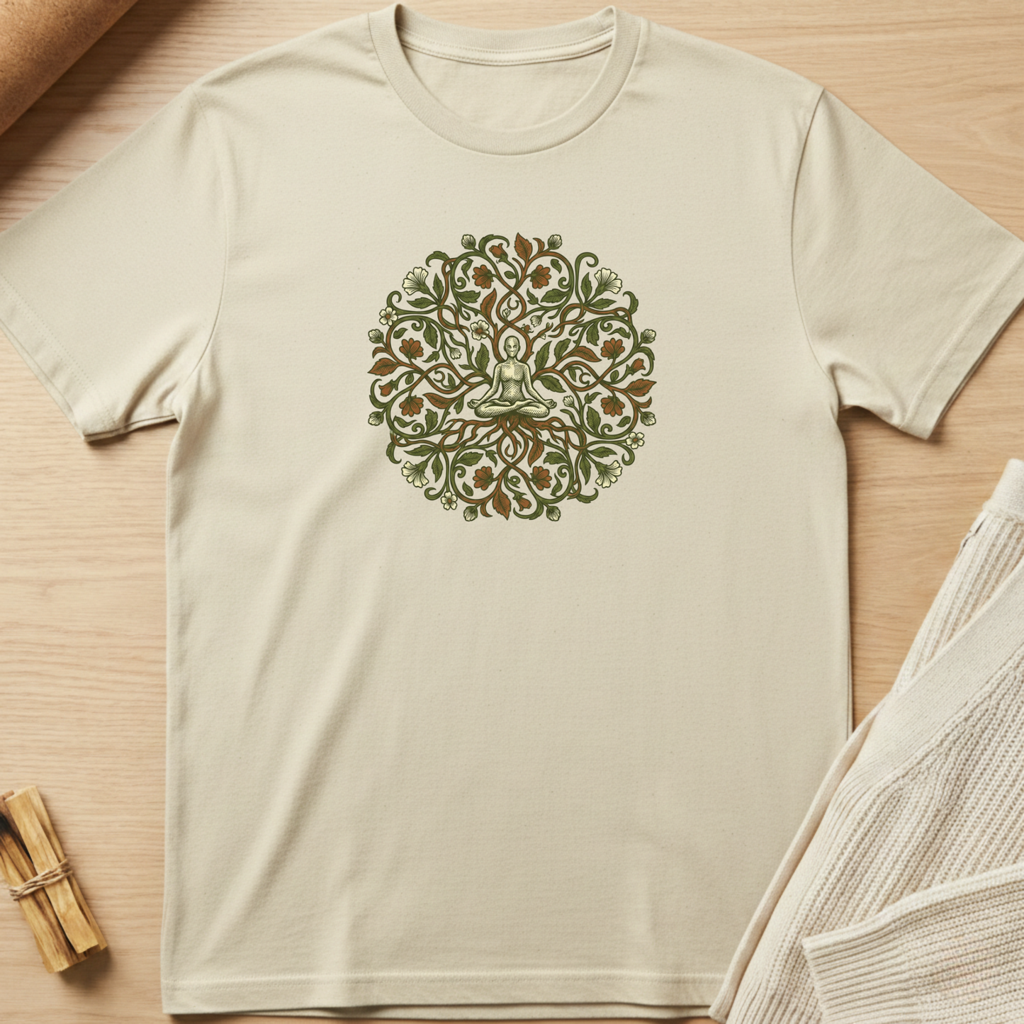 Beige t-shirt with green and brown mandala design on a wooden surface. Minimalist yoga apparel by pemuyo.