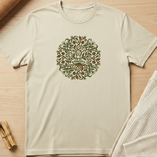 Beige t-shirt with green and brown mandala design on a wooden surface. Minimalist yoga apparel by pemuyo.