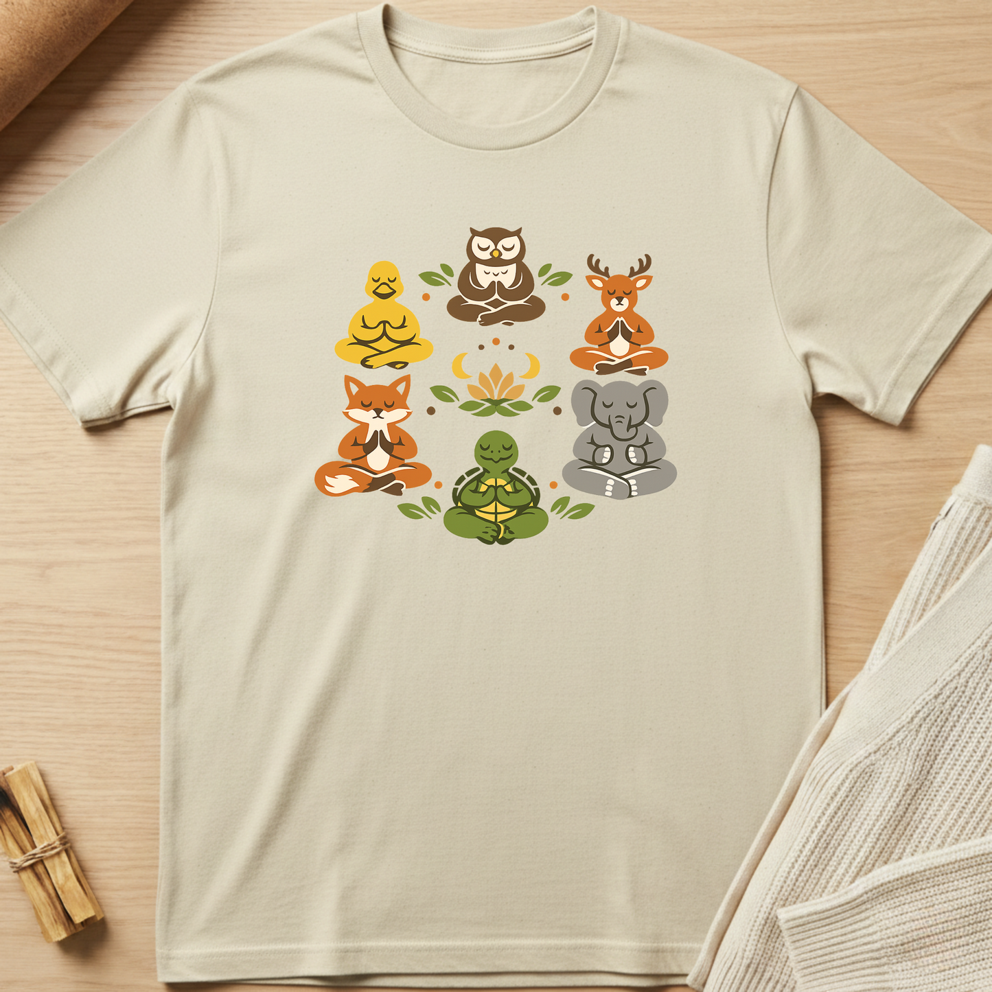 Beige t-shirt with animal illustrations in a meditative pose on a wooden surface. Minimalist yoga apparel by pemuyo.
