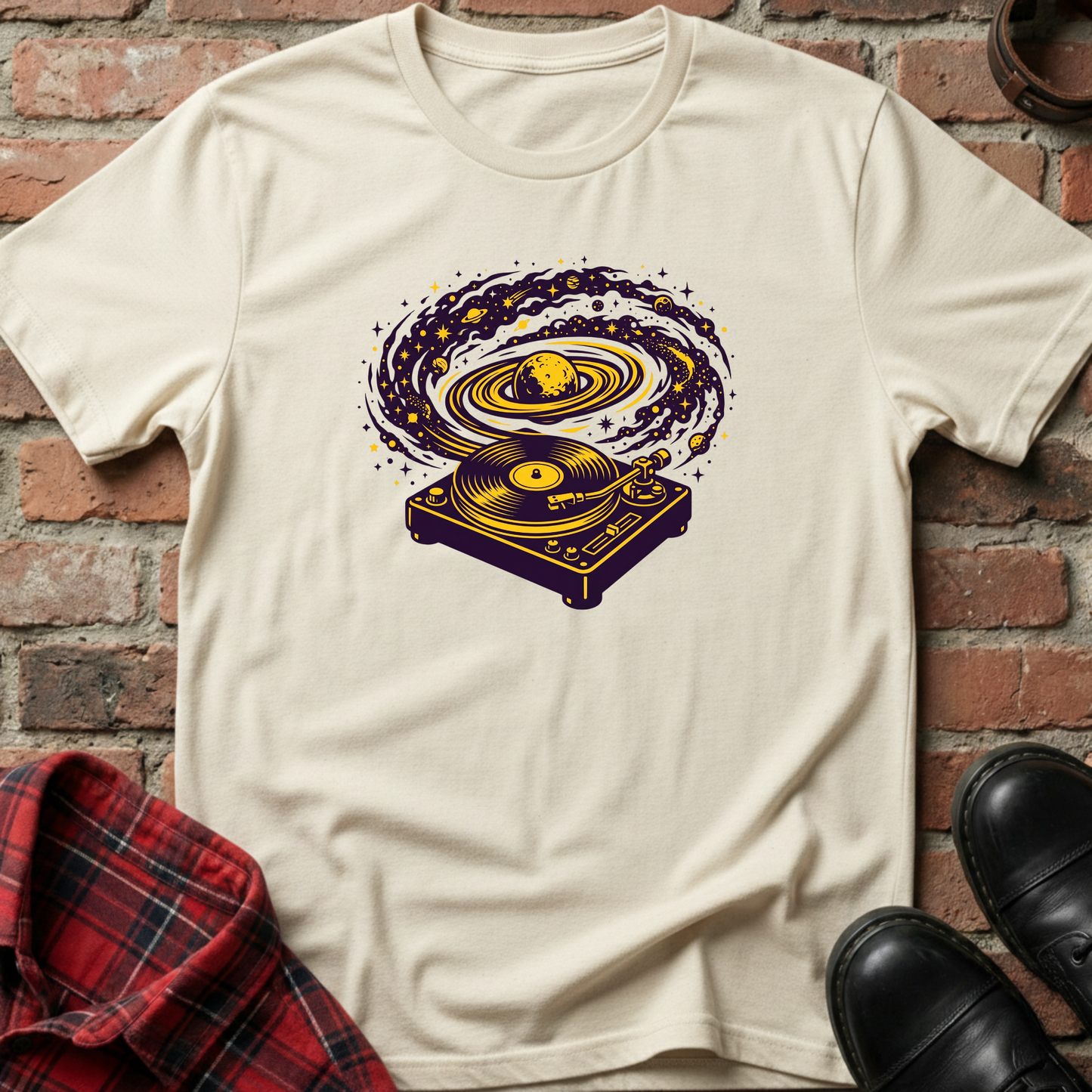 Beige t-shirt with a graphic design of a turntable on a brick wall background. Minimalist music apparel by pemuyo.