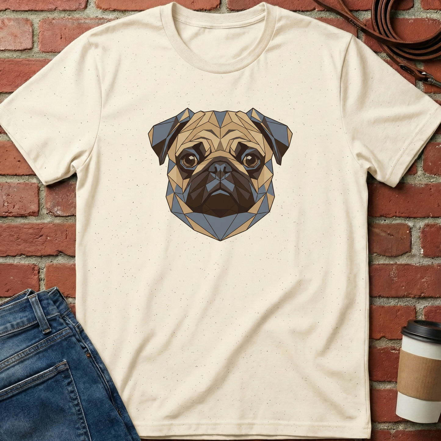 Beige t-shirt with geometric pug design on a brick wall background. Minimalist dog apparel by pemuyo.