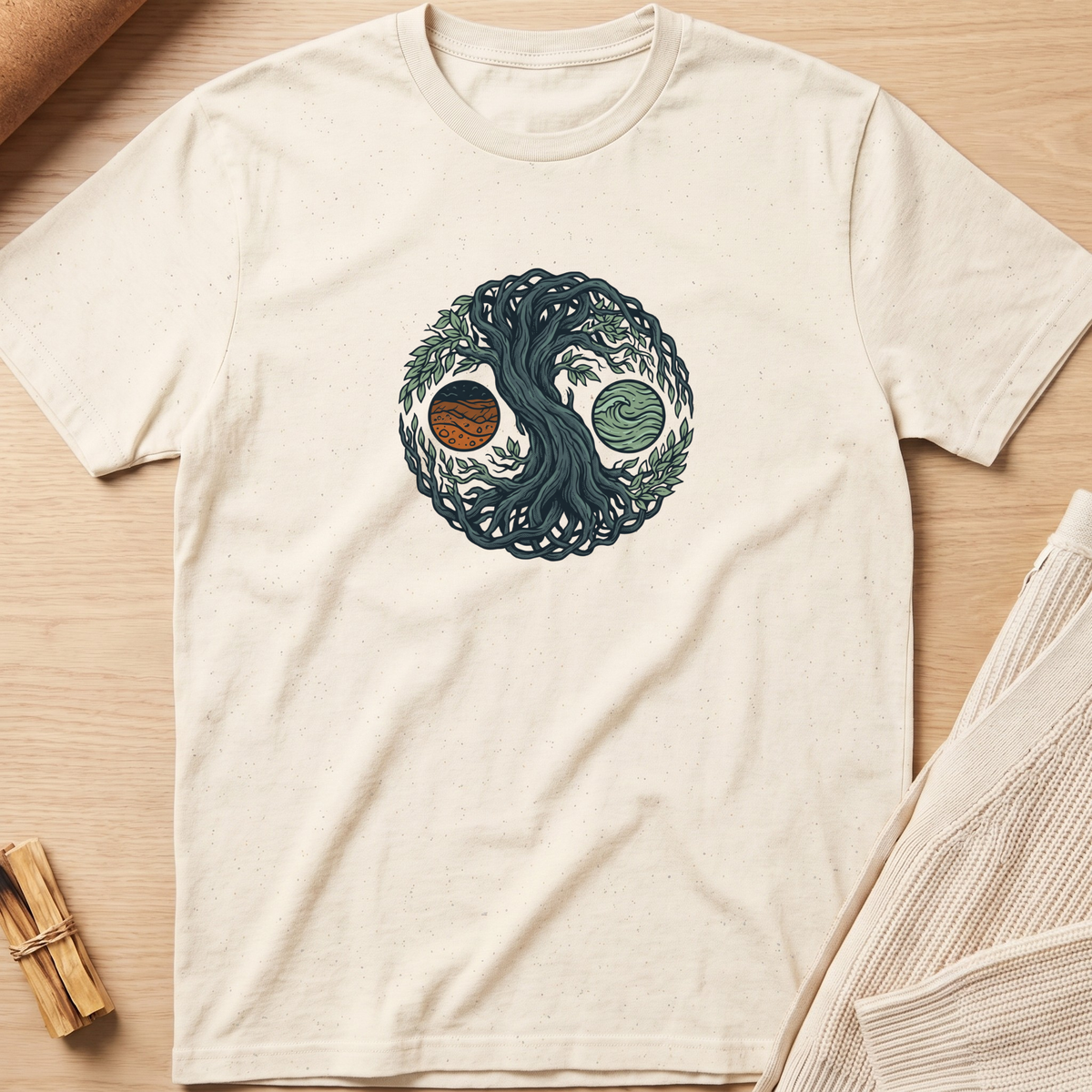 An off-white short-sleeve t-shirt laid flat on a light wood surface, featuring a circular yin-yang style graphic with a dark blue tree and two planets. Minimalist yoga apparel by pemuyo.