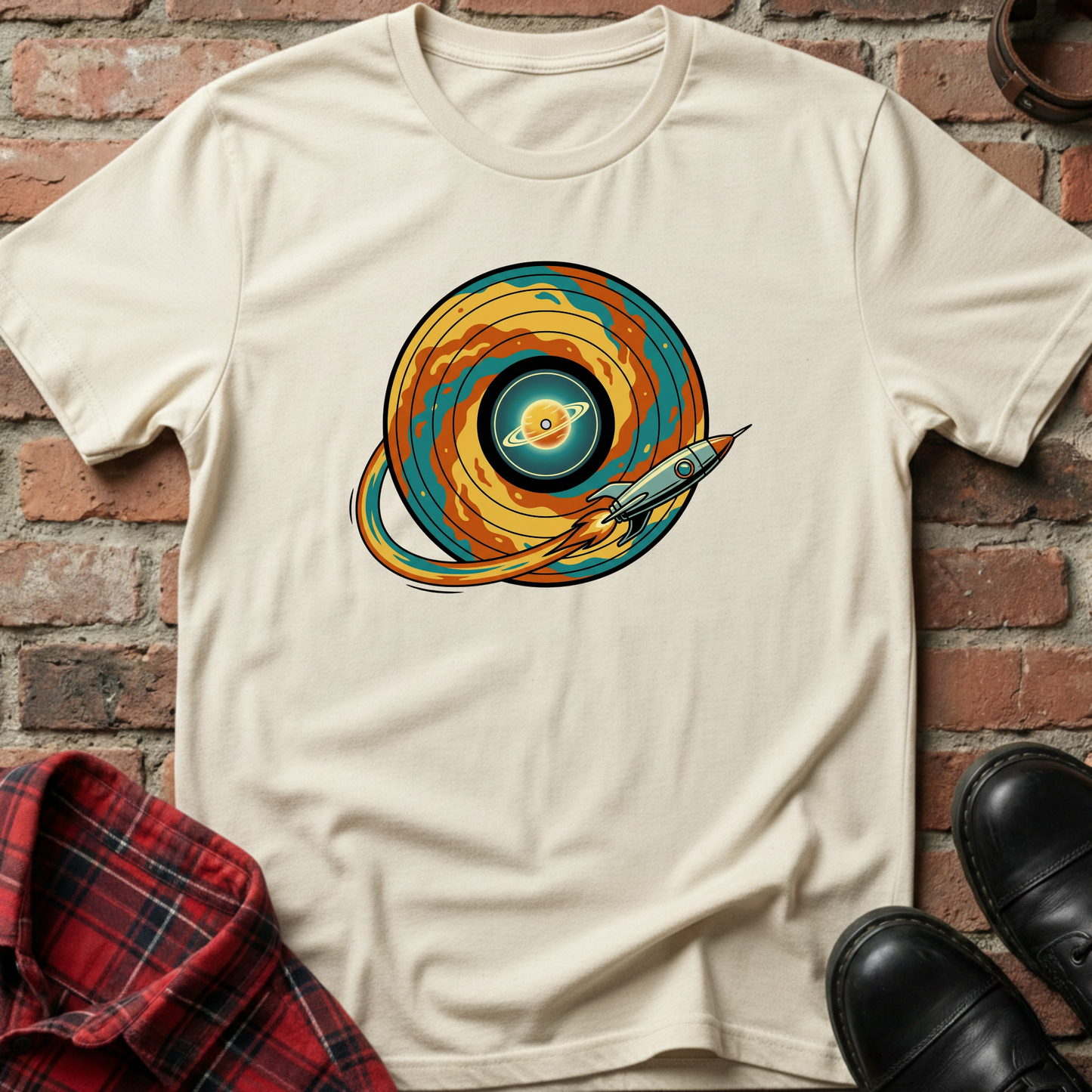 Beige t-shirt with a colorful space-themed graphic on a brick wall background. Minimalist music apparel by pemuyo.