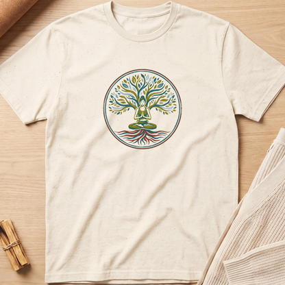 An off-white short-sleeve crewneck t-shirt with a circular 'Tree of Life' graphic on the chest, laid flat on a light wood background with neutral props. Minimalist yoga apparel by pemuyo.