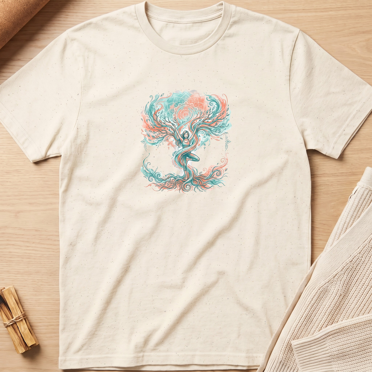 An off-white short-sleeve t-shirt with a colorful graphic of a meditating figure inside a tree, styled flat on a light wood background. Minimalist yoga apparel by pemuyo.