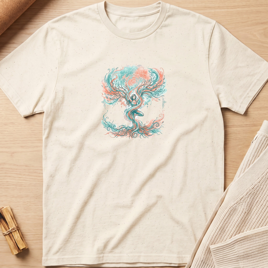 An off-white short-sleeve t-shirt with a colorful graphic of a meditating figure inside a tree, styled flat on a light wood background. Minimalist yoga apparel by pemuyo.