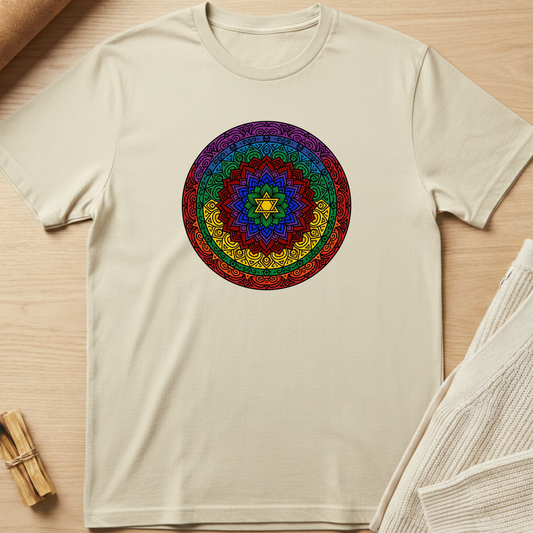 Beige t-shirt with a colorful mandala design on a wooden surface. Minimalist yoga apparel by pemuyo.