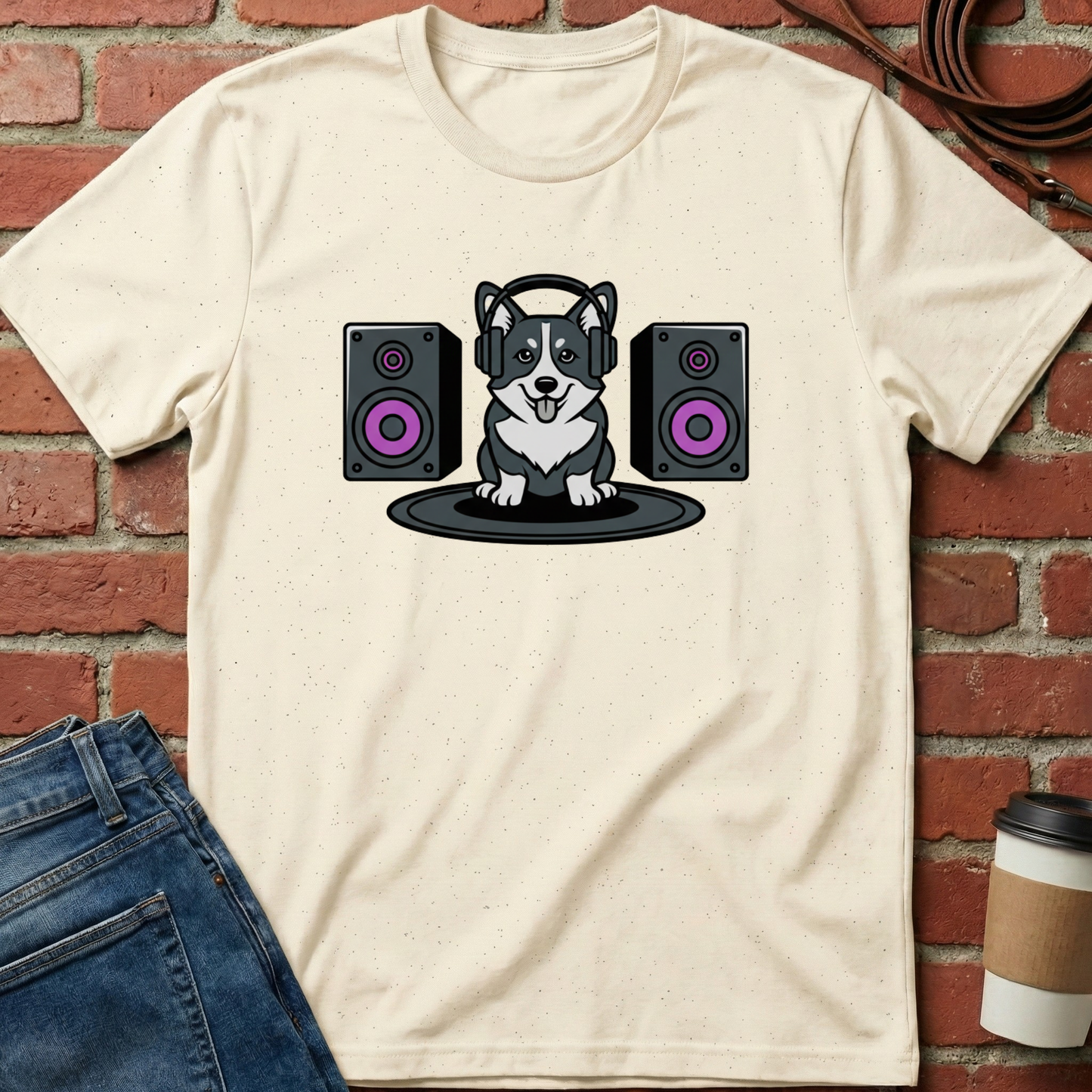 Beige t-shirt with a dog wearing headphones and speakers design, placed against a brick wall. Minimalist dog apparel by pemuyo.