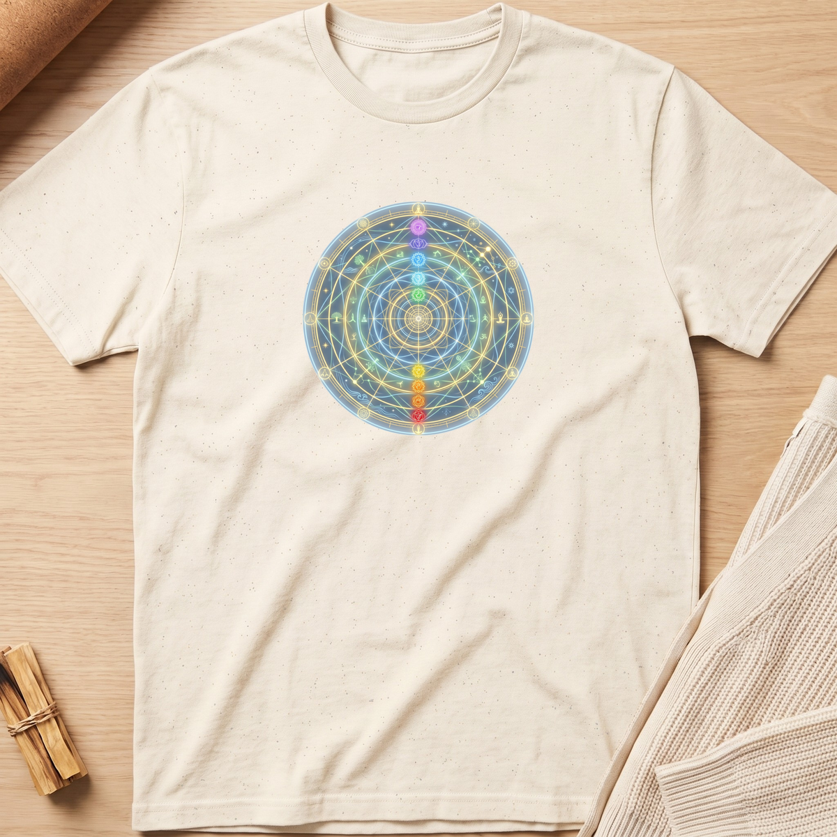 An off-white short-sleeve t-shirt with a colorful chakra wheel graphic on the chest, laid flat on a light wood background with neutral props. Minimalist yoga apparel by pemuyo.