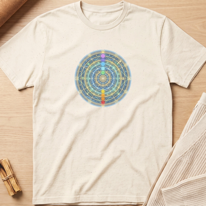 An off-white short-sleeve t-shirt with a colorful chakra wheel graphic on the chest, laid flat on a light wood background with neutral props. Minimalist yoga apparel by pemuyo.