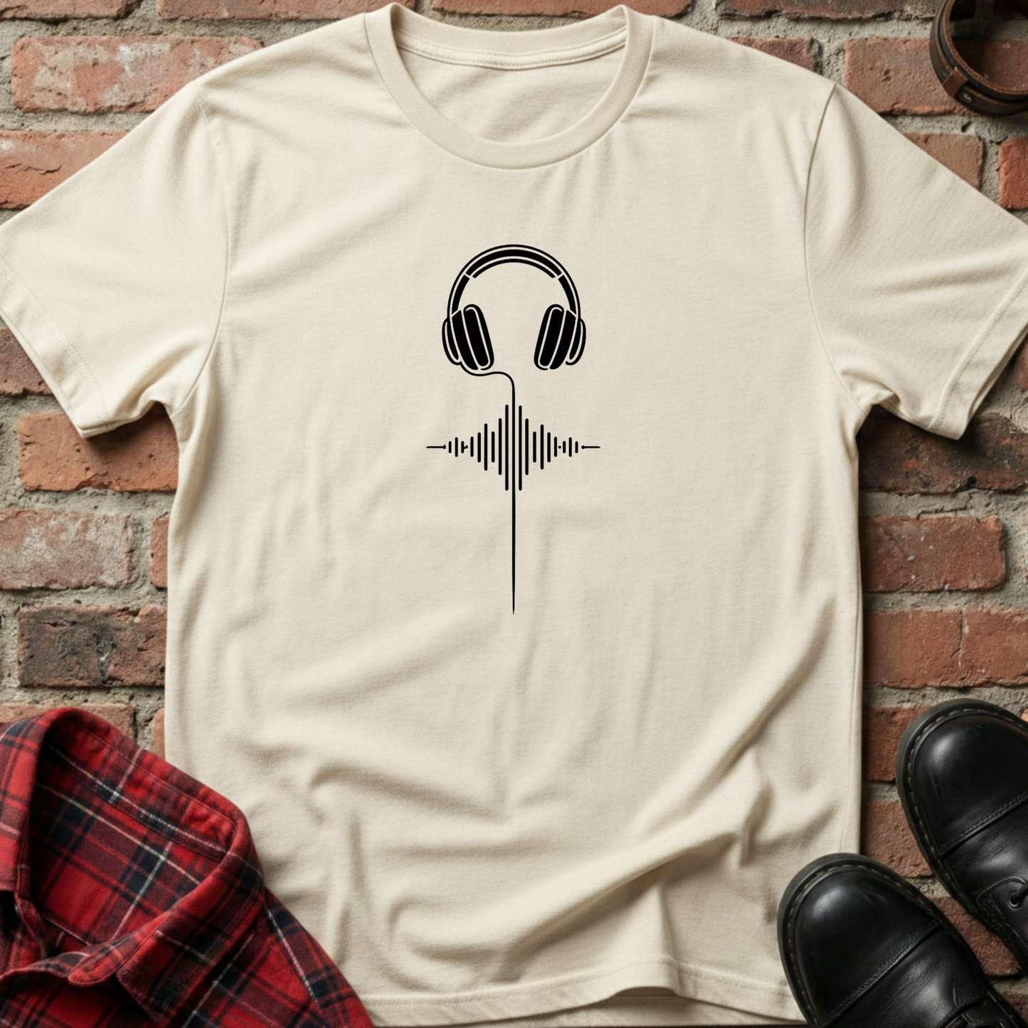 Beige t-shirt with headphones and sound wave design on a brick wall background. Minimalist music apparel by pemuyo.