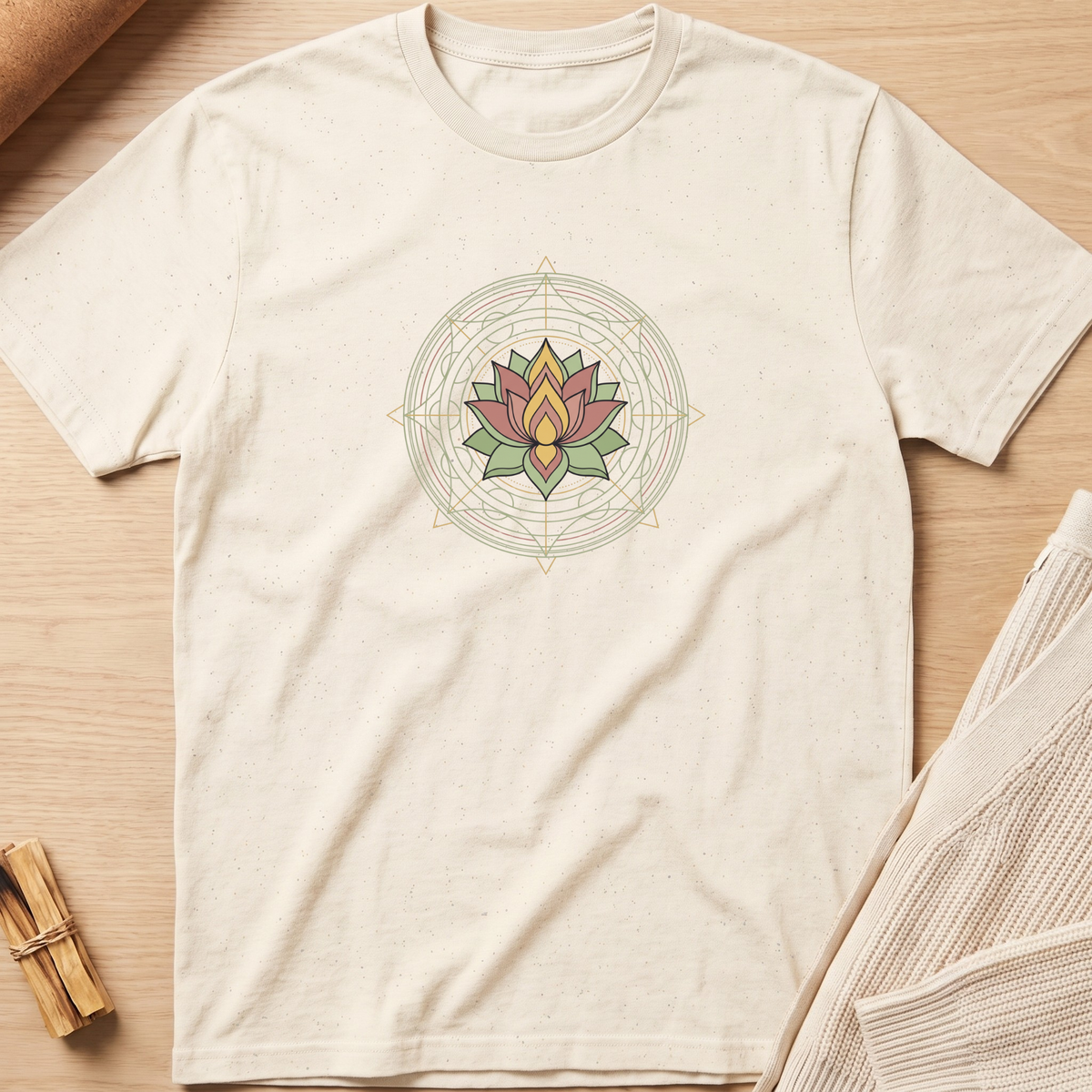 An off-white short-sleeve t-shirt with a central lotus flower graphic inside a geometric mandala circle, laid flat on a light wood background with styled props. Minimalist yoga apparel by pemuyo.