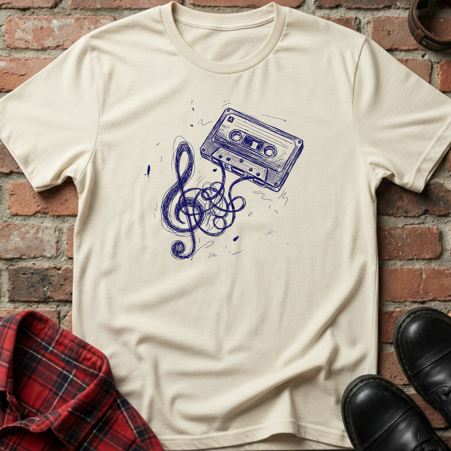 Beige t-shirt with blue cassette tape and music note design against a brick wall. Minimalist music apparel by pemuyo.