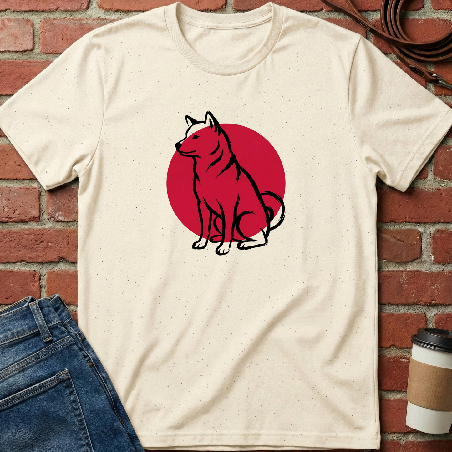 Beige t-shirt with a red circle and black dog illustration on a brick wall background. Minimalist dog apparel by pemuyo.
