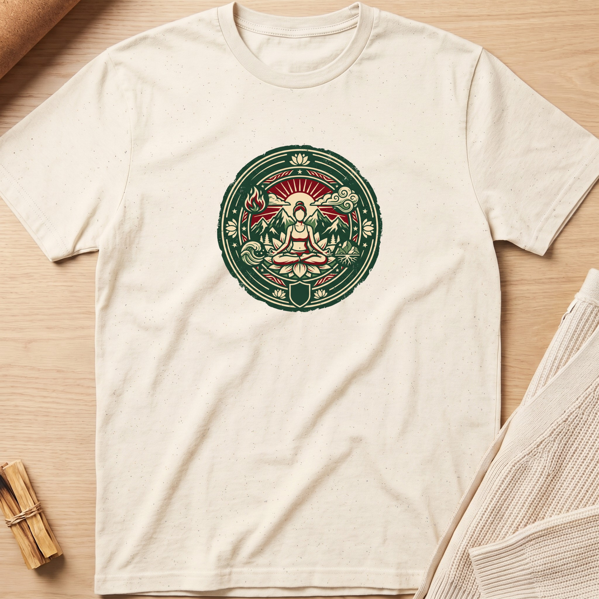An off-white short-sleeve t-shirt with a circular green and red mandala-style graphic on the chest, laid flat on a light wood background with neutral props. Minimalist yoga apparel by pemuyo.