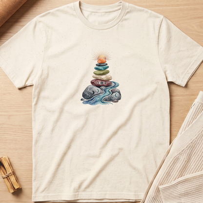 An off-white short-sleeve t-shirt with a watercolor graphic of stacked zen stones and a small sun, laid flat on a light wood background with neutral props. Minimalist yoga apparel by pemuyo.