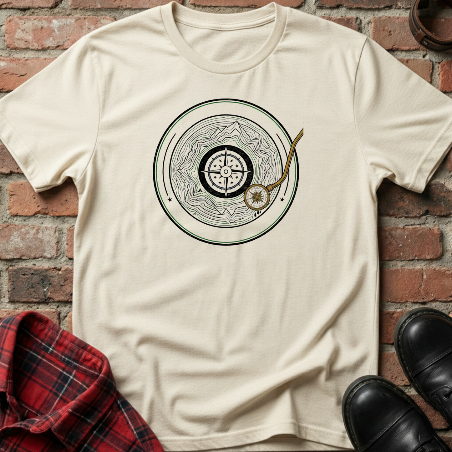 Beige t-shirt with a circular design featuring a compass and mountains, placed against a brick wall. Minimalist music apparel by pemuyo.
