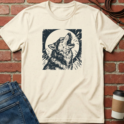 Beige t-shirt with a husky graphic on a brick wall background. Minimalist dog apparel by pemuyo.