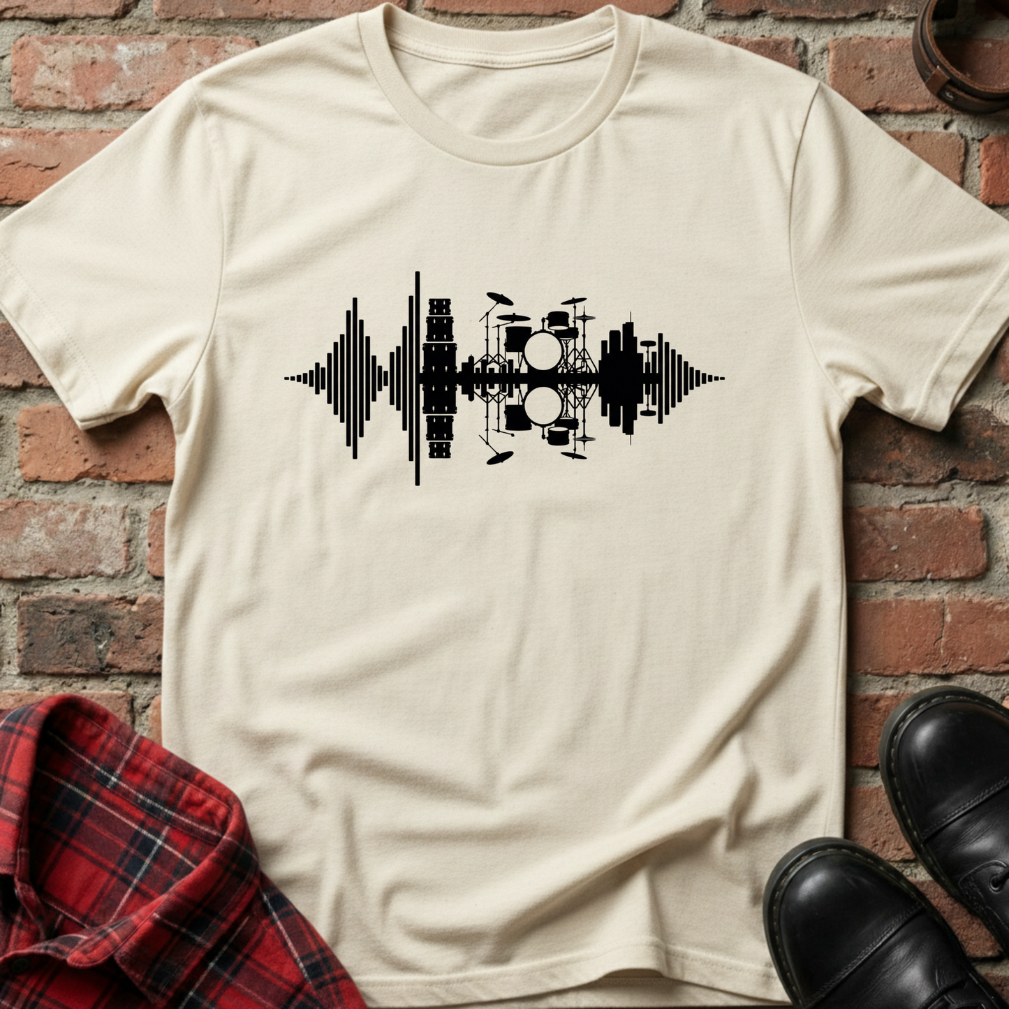 Beige t-shirt with black drum set graphic on a brick background. Minimalist music apparel by pemuyo.