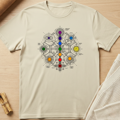 Beige t-shirt with a colorful diagram of chakras on a wooden surface. Minimalist yoga apparel by pemuyo.