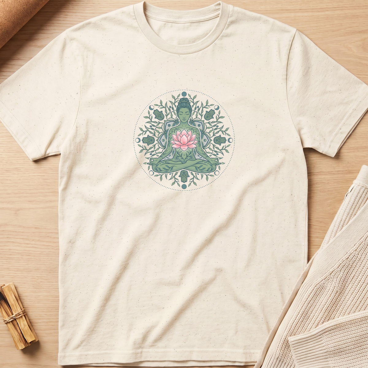 An off-white short-sleeve t-shirt with a circular graphic of a meditating Buddha surrounded by a pink lotus flower and green leaves, laid flat on a light wood background. Minimalist yoga apparel by pemuyo.