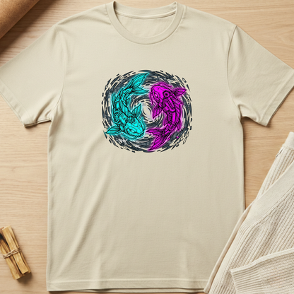 Beige t-shirt with a colorful koi design on a wooden surface. Minimalist yoga apparel by pemuyo.