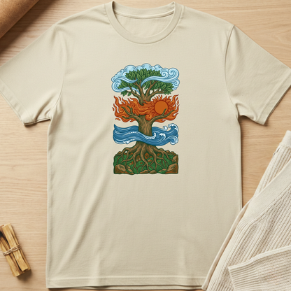 Beige t-shirt with a colorful tree design on a wooden surface. Minimalist yoga apparel by pemuyo.