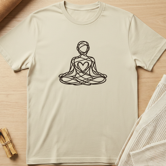 Beige t-shirt with a black line art design of a person in meditation on a wooden surface. Minimalist yoga apparel by pemuyo.