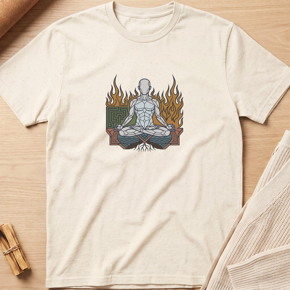 An off-white short-sleeve t-shirt with a graphic of a meditating figure surrounded by flames, laid flat on a light wood background with a small bundle of incense sticks and a folded knit blanket nearby. Minimalist yoga apparel by pemuyo.