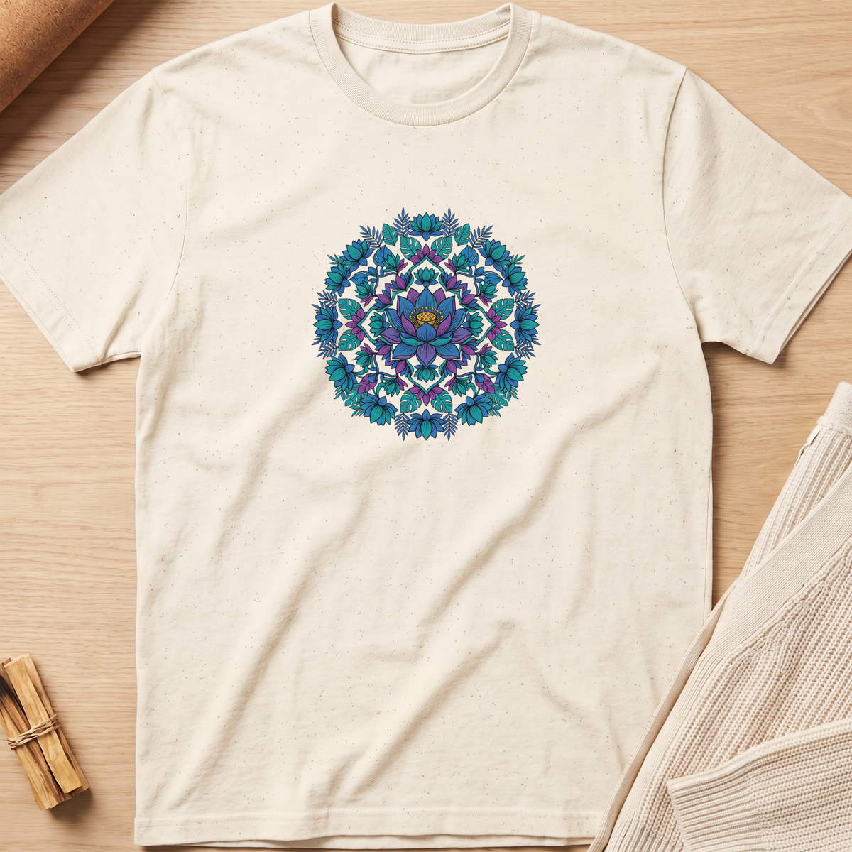 An off-white short-sleeve t-shirt with a colorful mandala graphic in shades of blue, purple, and teal, laid flat on a light wood background. Minimalist yoga apparel by pemuyo.