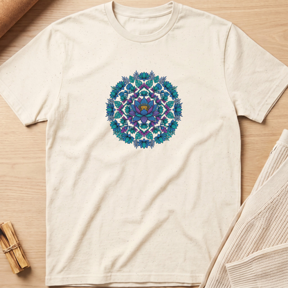 An off-white short-sleeve t-shirt with a colorful mandala graphic in shades of blue, purple, and teal, laid flat on a light wood background. Minimalist yoga apparel by pemuyo.