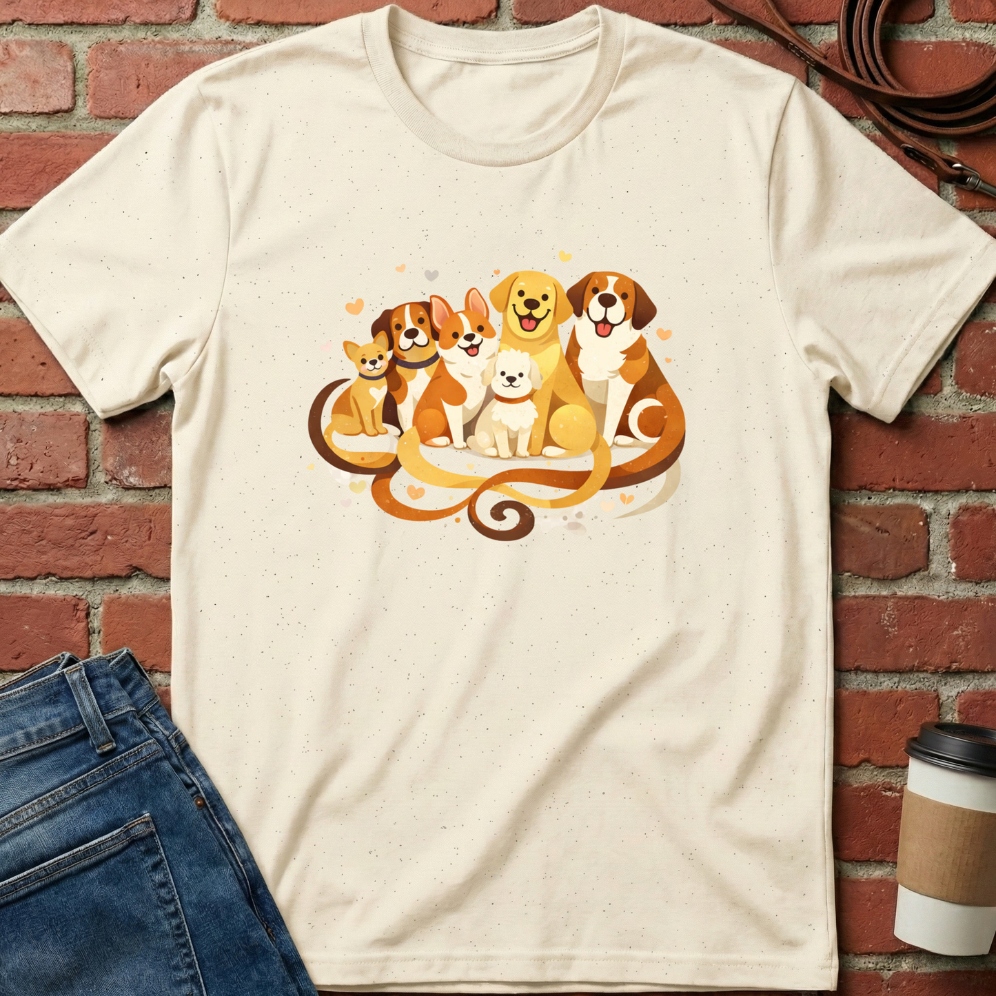 Beige t-shirt with a graphic of dogs on a brick wall background. Minimalist dog apparel by pemuyo.