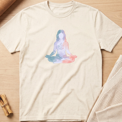 A cream-colored short-sleeve t-shirt with a watercolor-style graphic of a meditating woman in pastel blue, purple, and pink tones, laid flat on a light wood background. Minimalist yoga apparel by pemuyo.