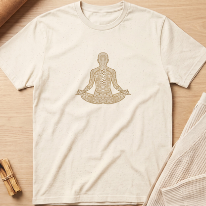 An off-white short-sleeve t-shirt with a tan line-art graphic of a meditating figure on the chest, laid flat on a light wood background with neutral props. Minimalist yoga apparel by pemuyo.