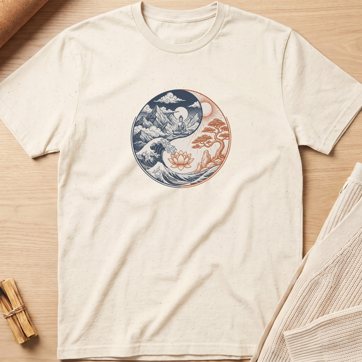 An off-white short-sleeve t-shirt laid flat on a light wood surface, featuring a circular yin-yang style graphic in the center with blue ocean waves, a white lotus flower, and a brown bonsai tree. Minimalist yoga apparel by pemuyo.