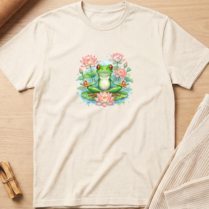 An off-white short-sleeve t-shirt with a colorful watercolor graphic of a meditating green frog surrounded by pink lotus flowers and green lily pads, laid flat on a light wood background. Minimalist yoga apparel by pemuyo.