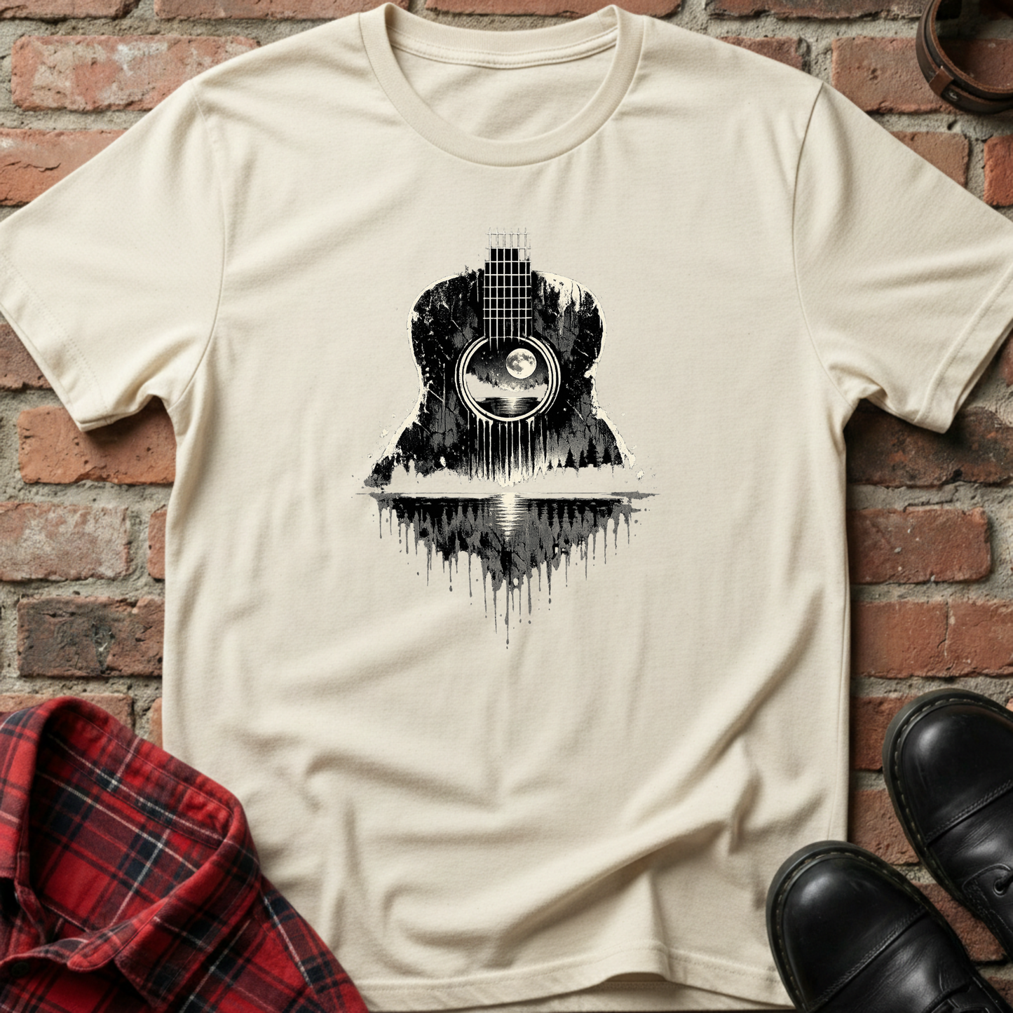 Beige t-shirt with black guitar graphic on a brick wall background. Minimalist music apparel by pemuyo.