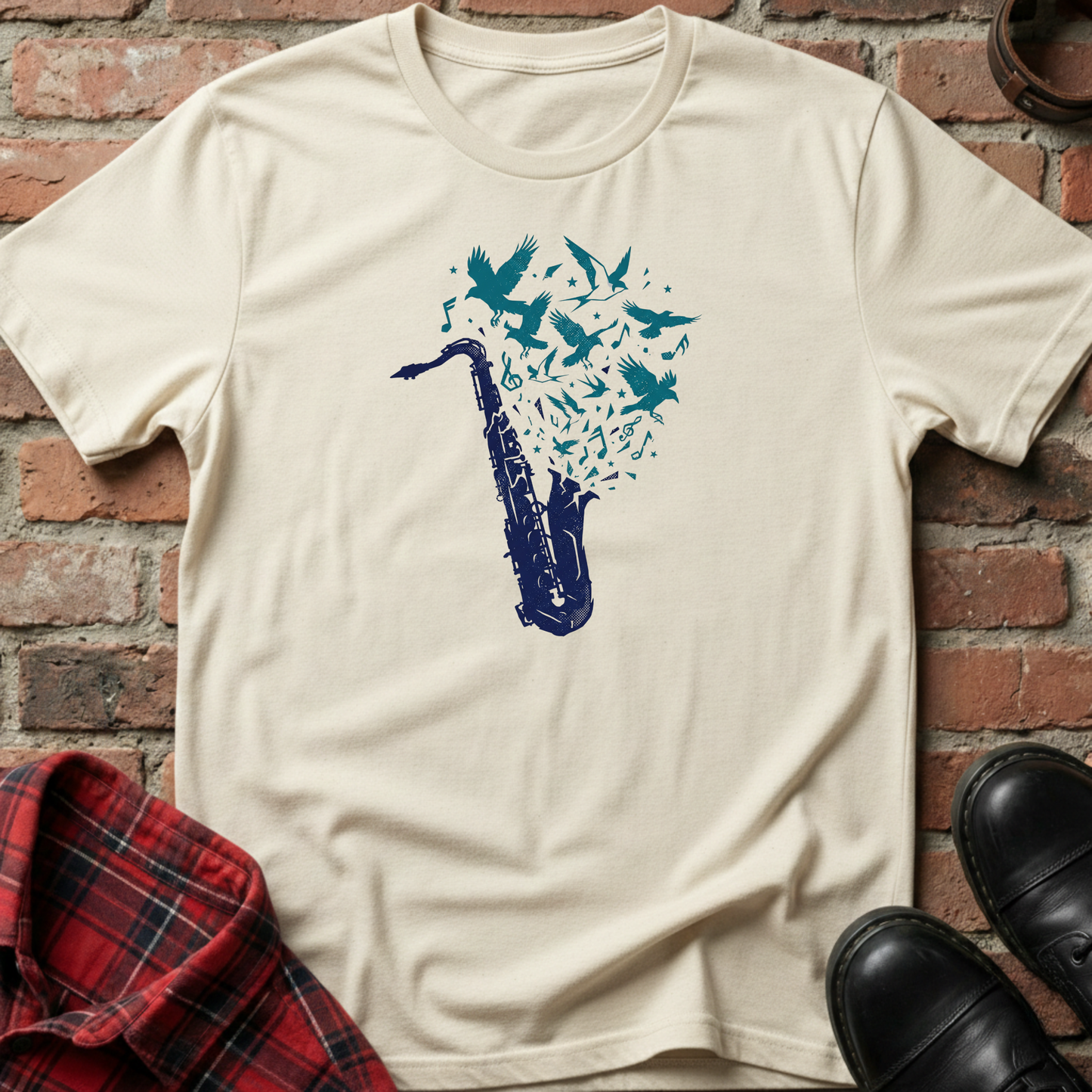 Beige t-shirt with a blue saxophone and birds design on a brick wall background. Minimalist music apparel by pemuyo.
