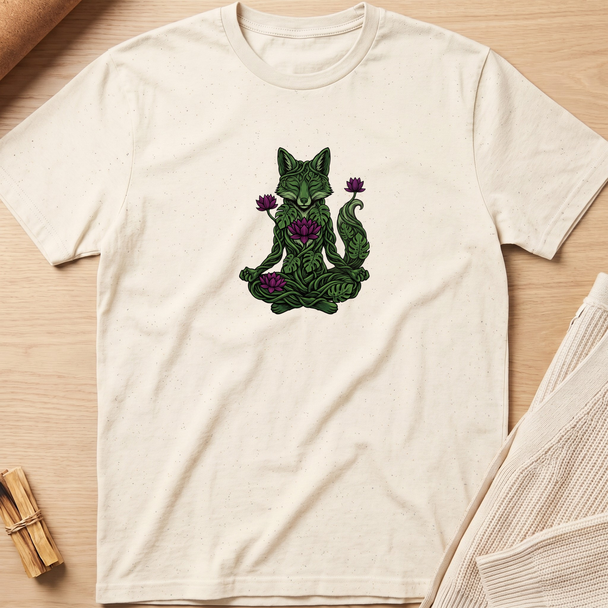 An off-white short-sleeve t-shirt laid flat on a light wood background, featuring a graphic of a green meditating fox surrounded by purple flowers. Minimalist yoga apparel by pemuyo.