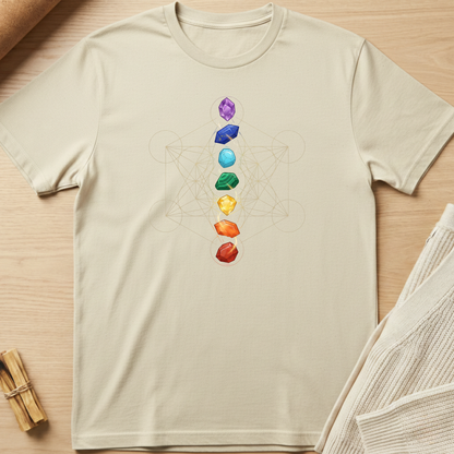 Beige t-shirt with chakra stone design on a wooden surface. Minimalist yoga apparel by pemuyo.