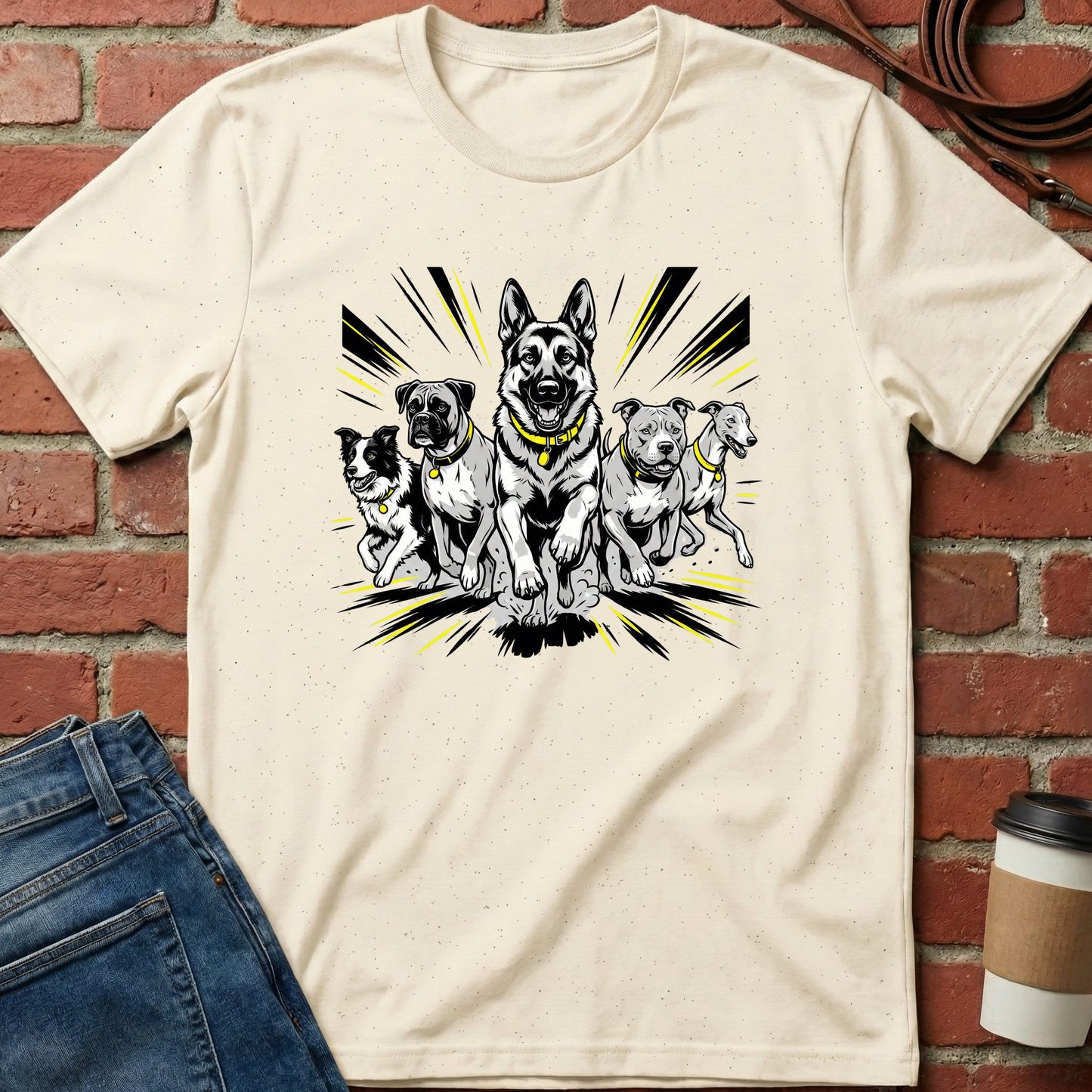 Beige t-shirt with a graphic of five dogs on a brick wall background. Minimalist dog apparel by pemuyo.
