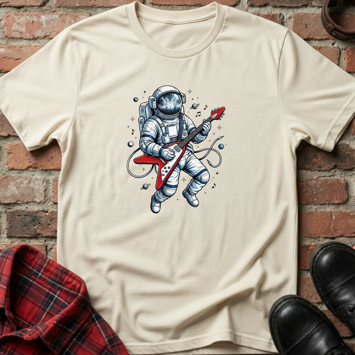 Beige t-shirt with an astronaut playing a guitar graphic on a brick wall background. Minimalist music apparel by pemuyo.