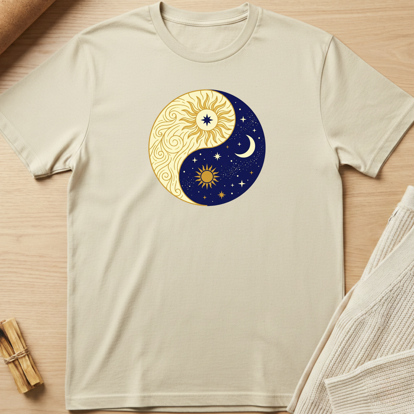 Beige t-shirt with a yin yang design featuring sun and moon on a wooden surface. Minimalist yoga apparel by pemuyo.