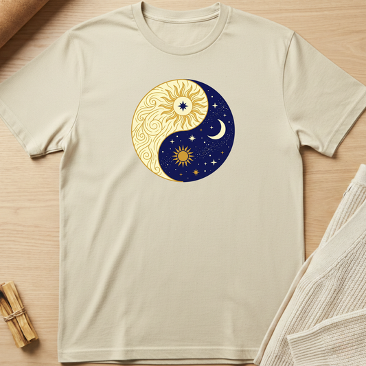 Beige t-shirt with a yin yang design featuring sun and moon on a wooden surface. Minimalist yoga apparel by pemuyo.
