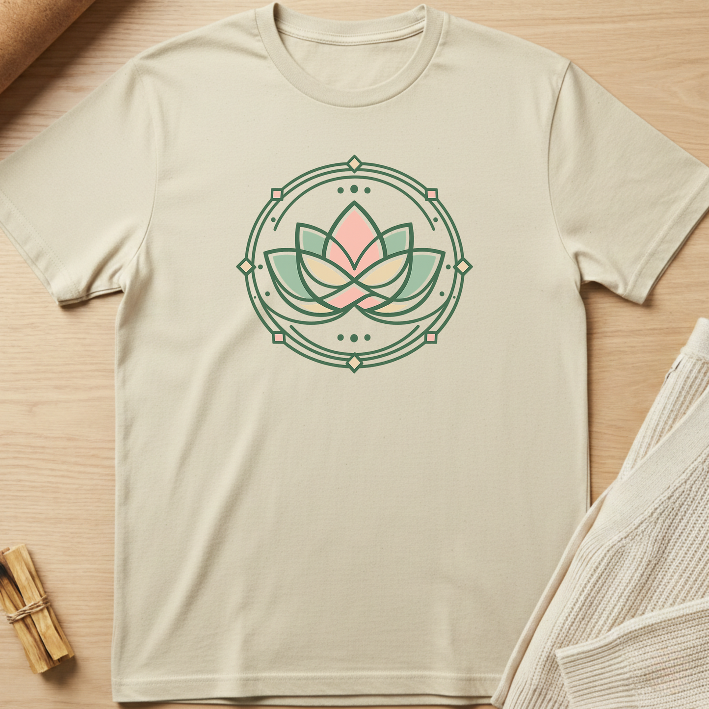 Beige t-shirt with a lotus flower design on a wooden surface. Minimalist yoga apparel by pemuyo.